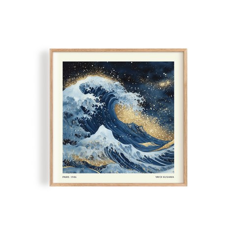 Stunning abstract design featuring rolling blue waves accented with shimmering gold highlights in a majestic ocean scene
