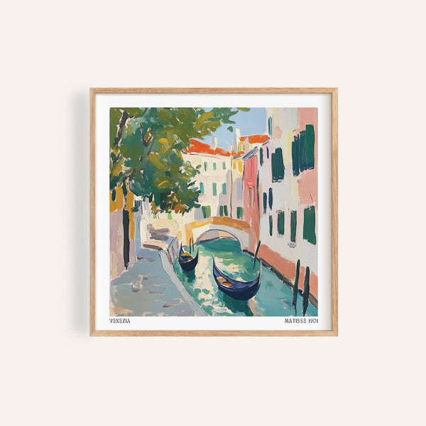Venice wall art featuring gondolas under a soft yellow bridge.
