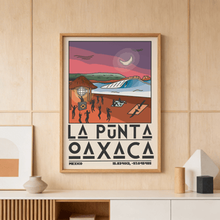 Nighttime beach illustration print featuring crescent moon and curling wave