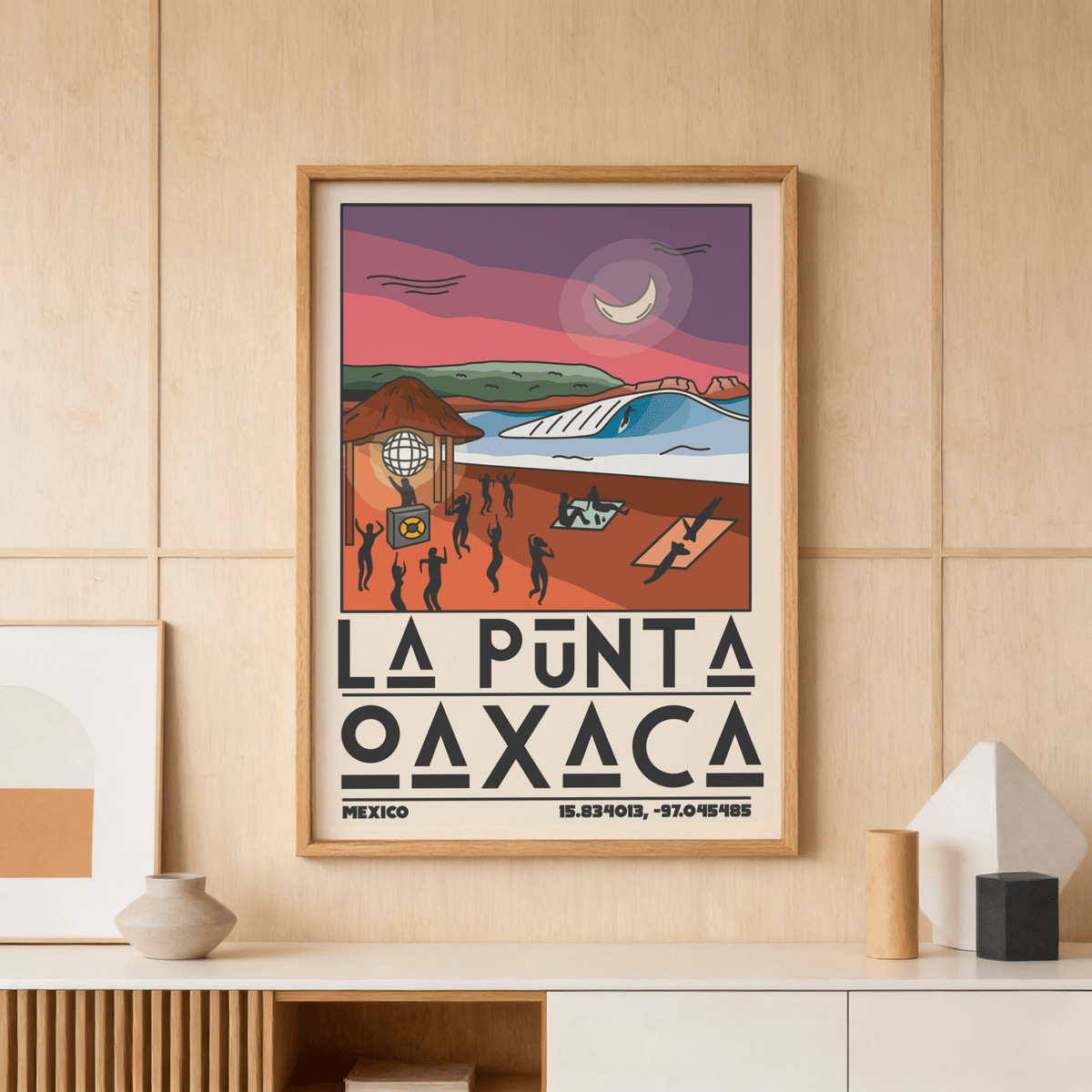 Nighttime beach illustration print featuring crescent moon and curling wave