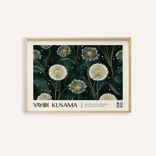 Framed print close-up of illustrated dandelion seed heads in white and yellow on a dark green background