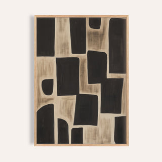 Wabi Sabi artwork of black abstract shapes in a minimalist style framed in light wood