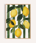 Bright yellow lemon painting print with green leaves for kitchen walls