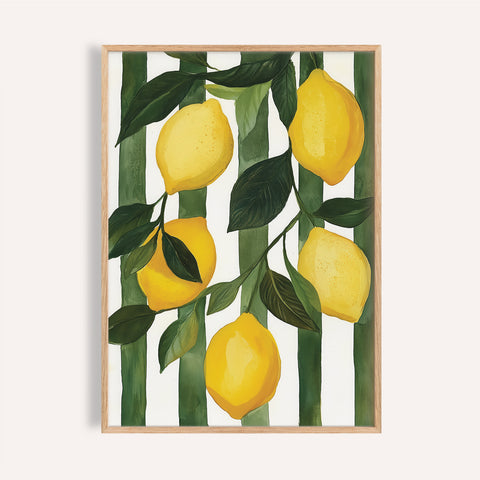 Bright yellow lemon painting print with green leaves for kitchen walls