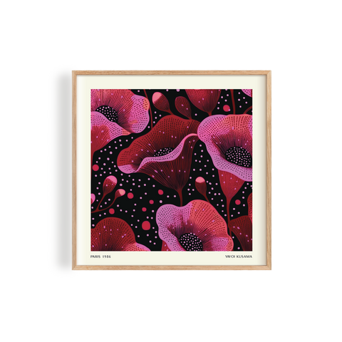 Stunningly designed square print featuring bold pink and black flowers with intricate dot patterns in a unique and striking floral design inspired by Yayoi Kusama's art
