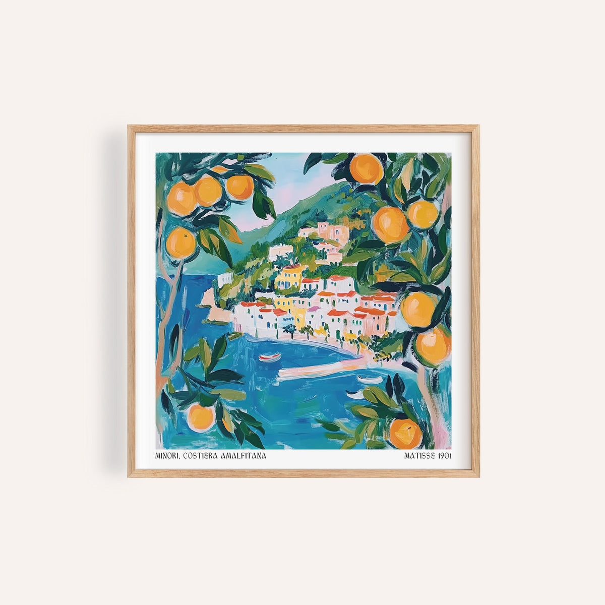 Colorful Amalfi wall art print of Minori’s coastal hillside view.