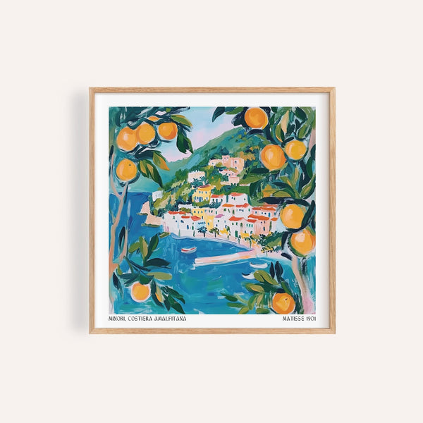Colorful Amalfi wall art print of Minori’s coastal hillside view.