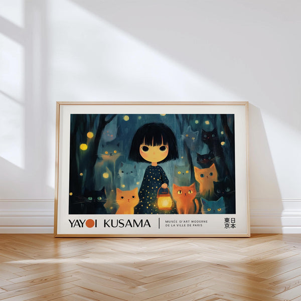 Yayoi Kusama-inspired anime girl poster in horizontal wall format