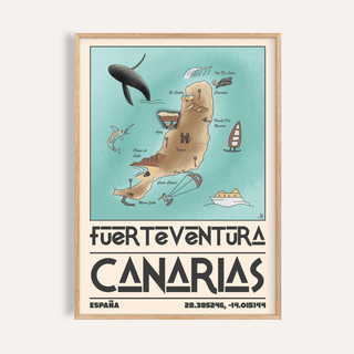 Canary Islands Wall Art poster above sofa showing illustrated map of Fuerteventura with labeled beaches and icons