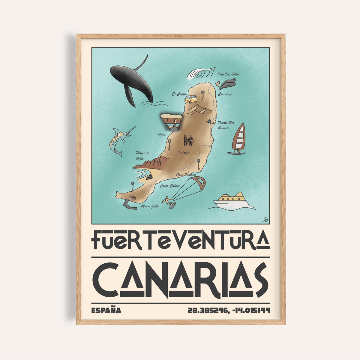 Canary Islands Wall Art poster above sofa showing illustrated map of Fuerteventura with labeled beaches and icons