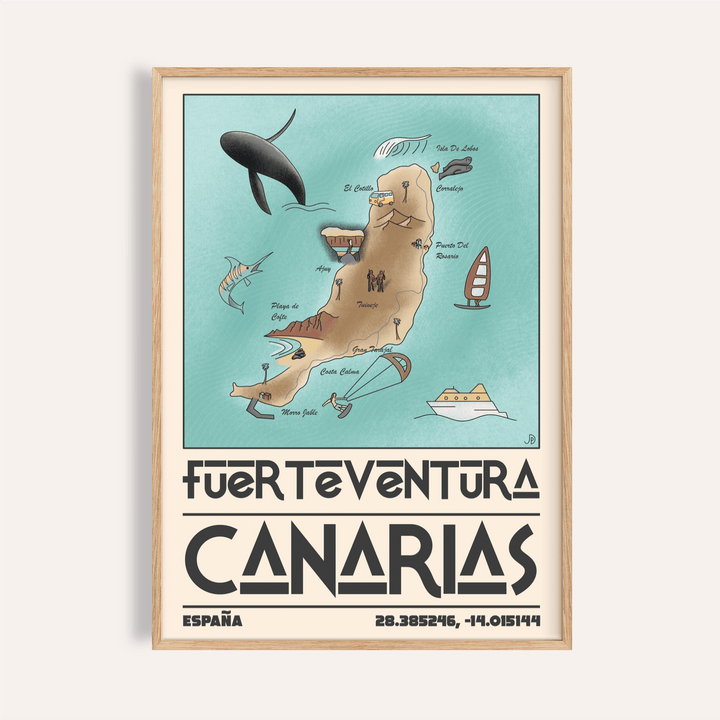 Canary Islands Wall Art poster above sofa showing illustrated map of Fuerteventura with labeled beaches and icons