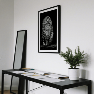 Black Leopard Wall Art showing a leopard approaching head-on in monochrome