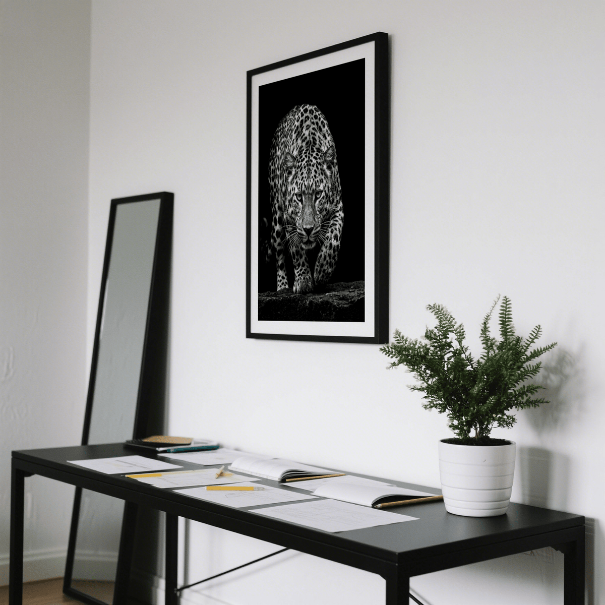 Black Leopard Wall Art showing a leopard approaching head-on in monochrome