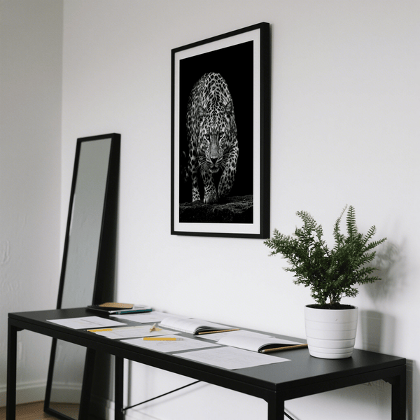 Black Leopard Wall Art showing a leopard approaching head-on in monochrome