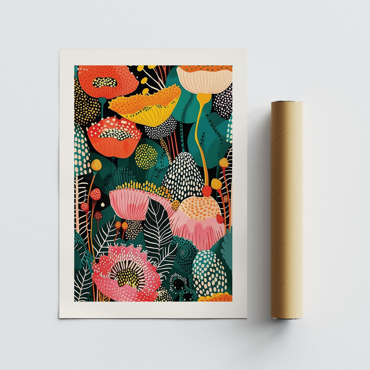 Abstract flower wall art decor with patterned leaves and dot clusters in a striking composition.