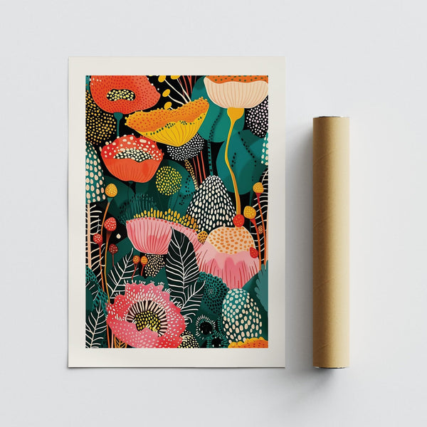 Abstract flower wall art decor with patterned leaves and dot clusters in a striking composition.