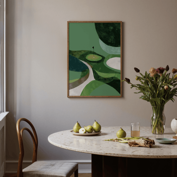 Graphic golf green print poster with layered shapes and a winding path through the course