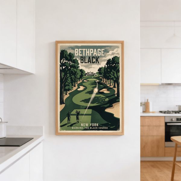 Bethpage Black Golf Print depicting sand traps and clubhouse skyline