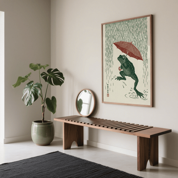 Frog in Rain Art Print, cute frog illustration in green for kids' room, art print