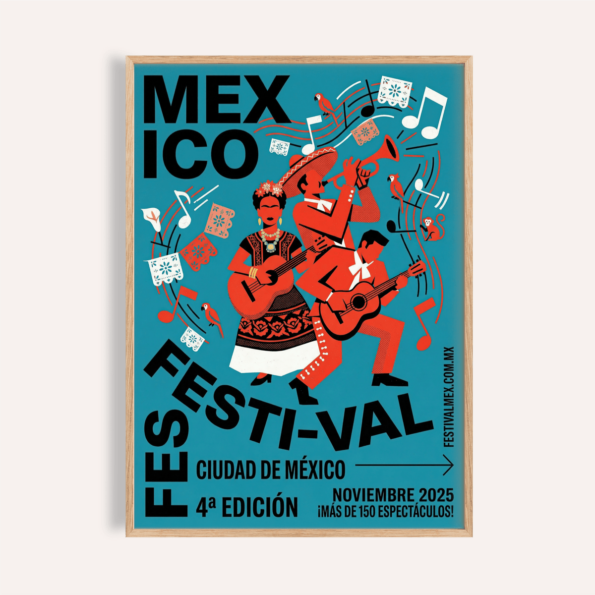 Mexican Festivity Art Print with trumpet and guitars under papel picado