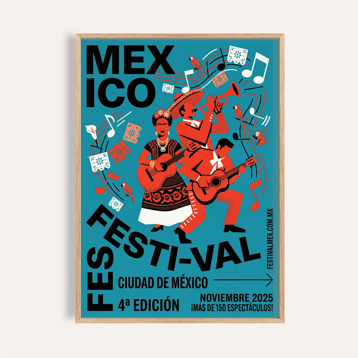 Mexican Festivity Art Print with trumpet and guitars under papel picado