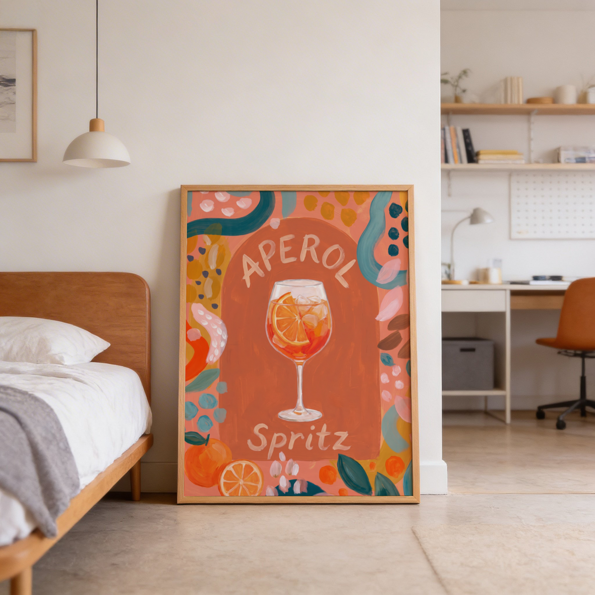 Captured Aperol Spritz Art Print featuring central wine glass and painterly citrus details