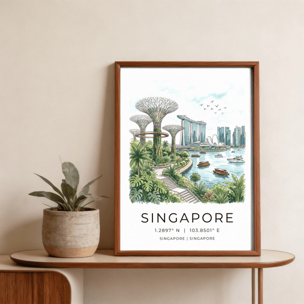 Close-up print detail of Supertree Grove and tropical plants in a Singapore travel poster