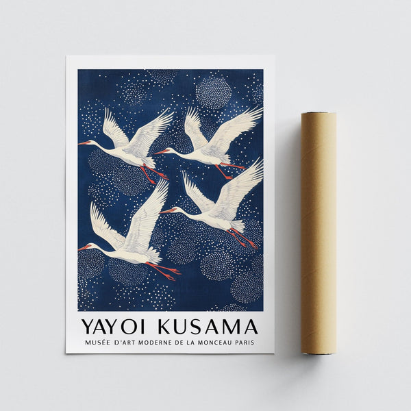 Japanese crane art in Blue and White Prints form with red accents.