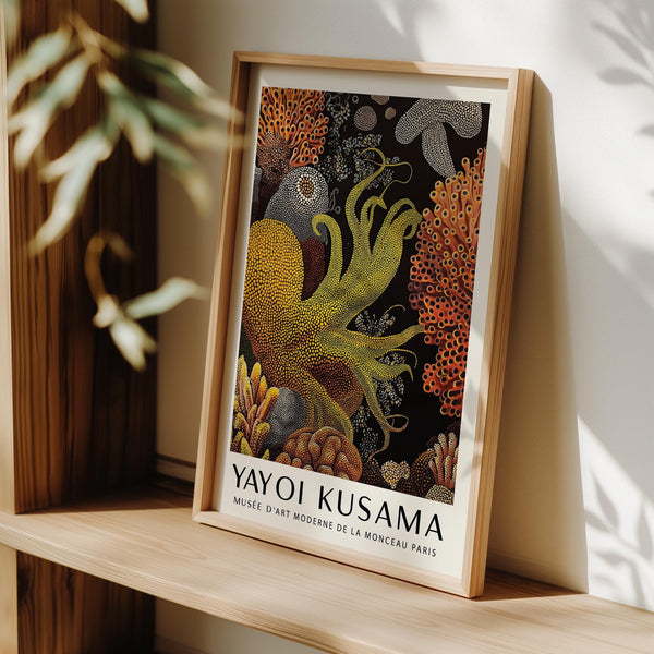 Detailed octopus wall art featuring pointillist reef environment.