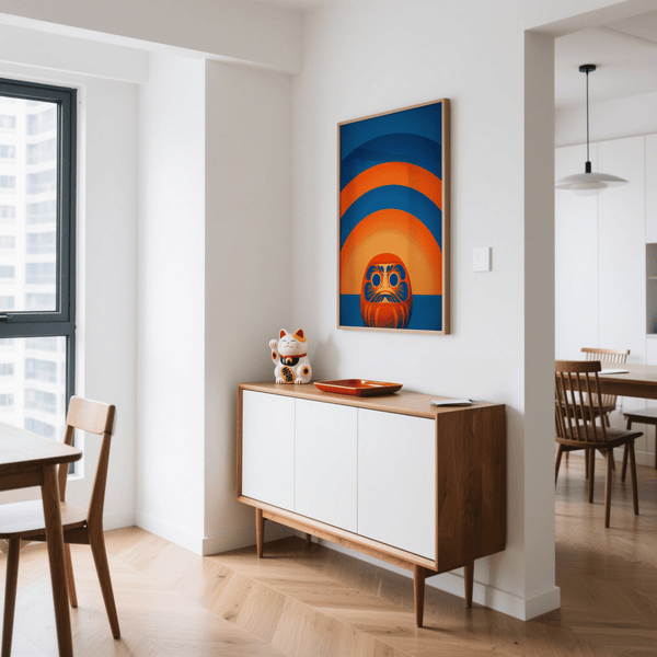 Vibrant Daruma Doll Wall Art print for hallway in orange and yellow