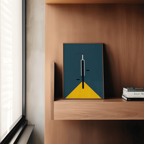Minimal Bike Poster print in blue, yellow, ideal for modern bedroom