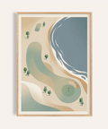 Minimal coastal golf poster showing curved fairway bands, small trees, and ocean shoreline