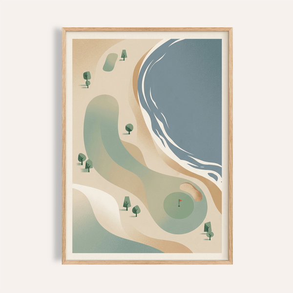 Minimal coastal golf poster showing curved fairway bands, small trees, and ocean shoreline