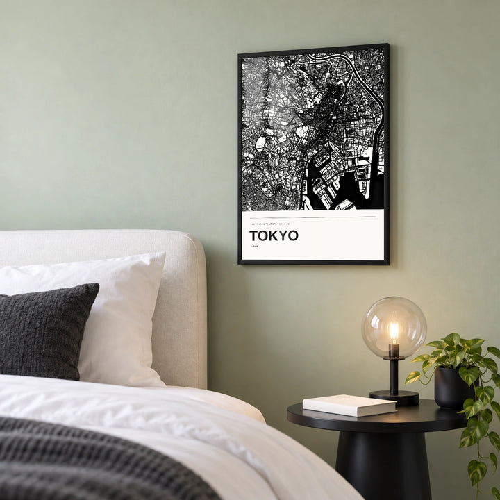 Tokyo personalised black and white map print � Black frame � Bedroom