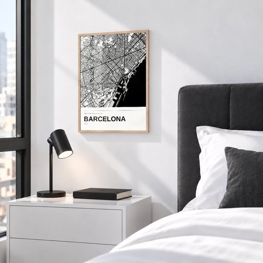 Stampa cartografica in bianco e nero di Barcellona