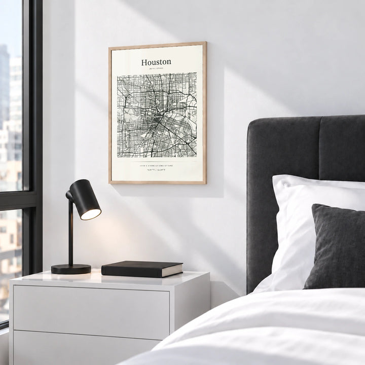 Houston personalised City Atlas map print with Perspex - Natural wood frame - Bedroom