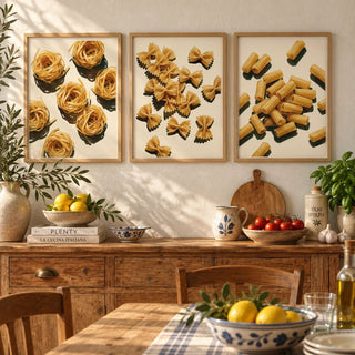 Fettuccine, farfalle and rigatoni pasta prints styled in oak frames above a rustic kitchen sideboard. Frames not included.