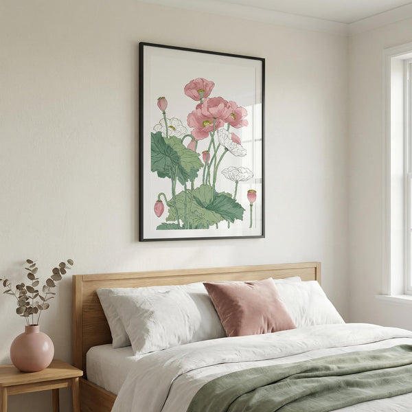 Botanical Flower Print poster of delicate poppy stems on light background