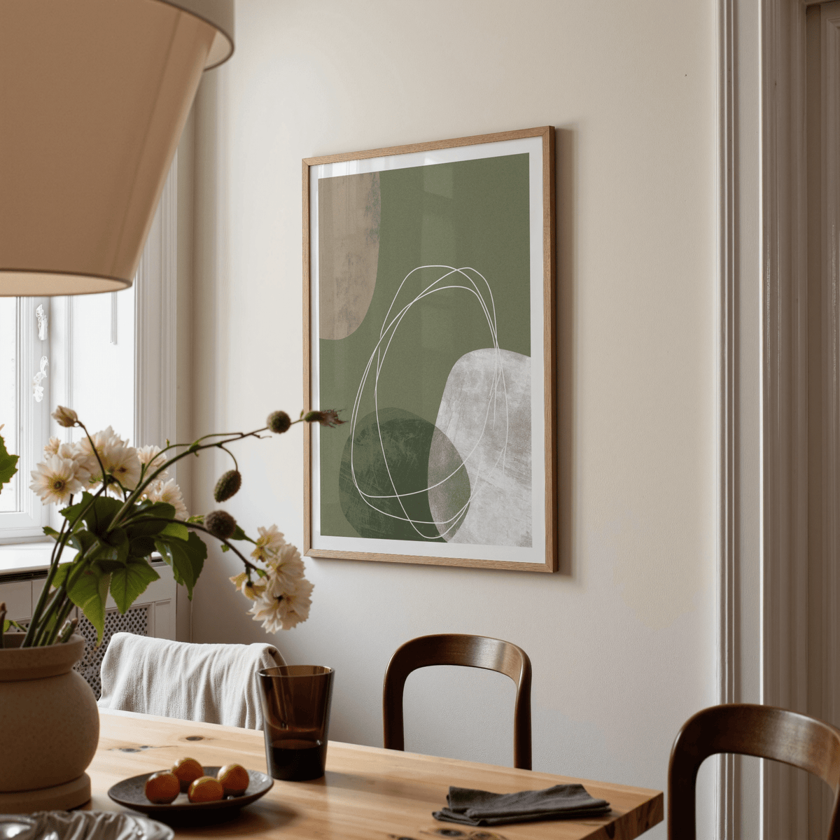 Green white beige abstract art print with gentle 5 percent border