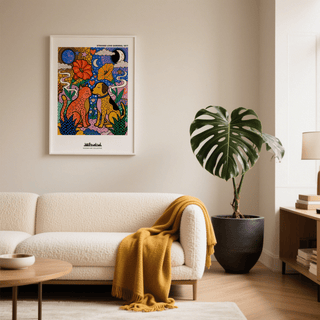 Close-up of the cat illustration on a multicolored animal wall art print with mosaic-style pattern texture