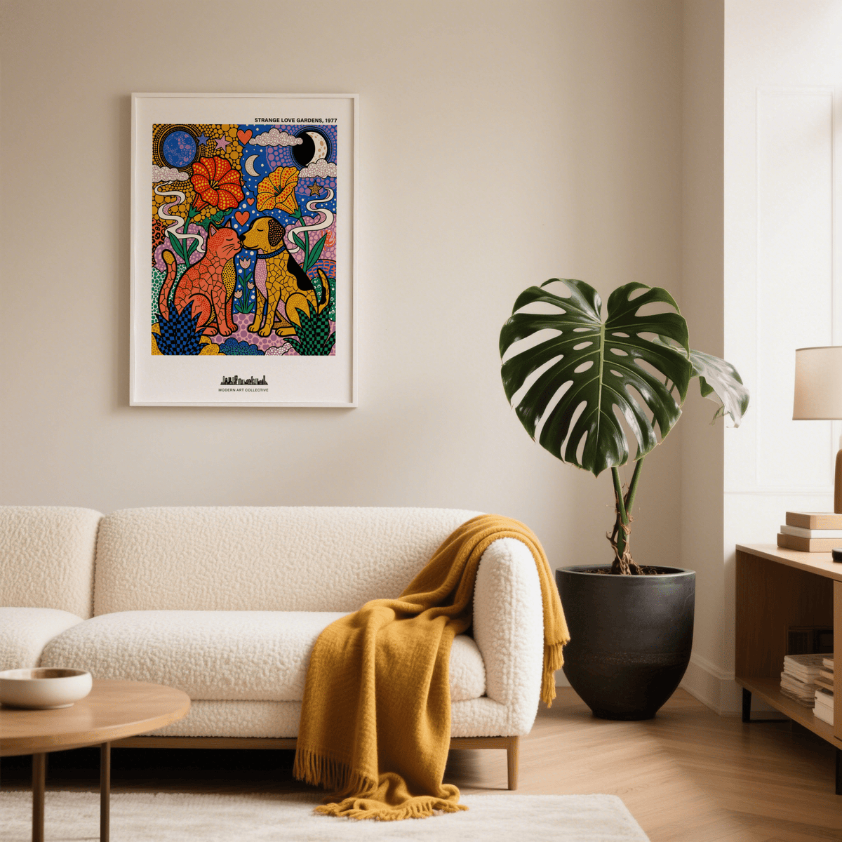 Close-up of the cat illustration on a multicolored animal wall art print with mosaic-style pattern texture