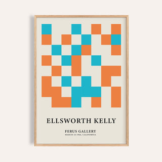 Framed close-up of large geometric wall art with orange and blue squares and text