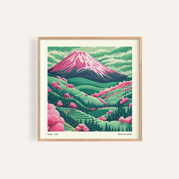 mountain landscape art featuring Mount Fuji and cherry blossoms
