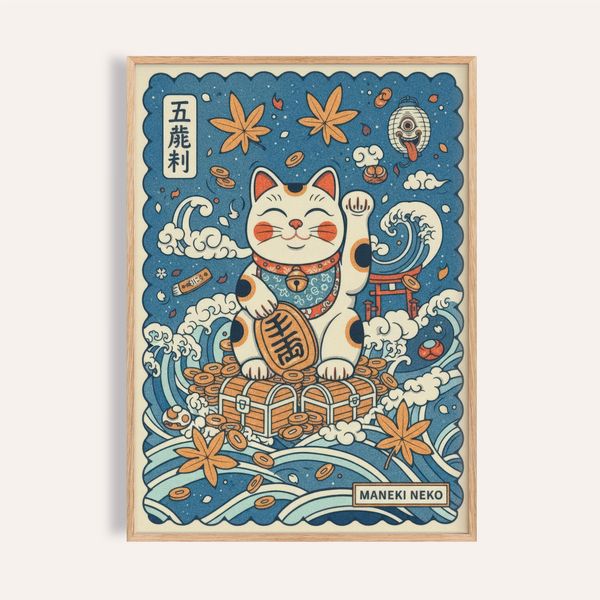 Japanese Lucky Cat Print poster featuring waving maneki neko and scattered coins