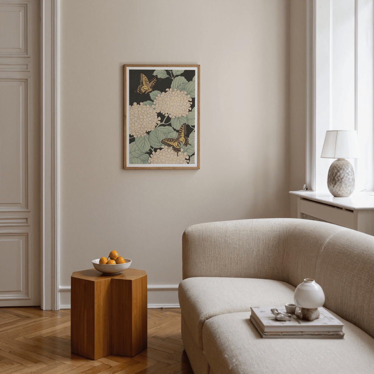 Butterfly Art Print with beige hydrangeas, bedroom wall poster