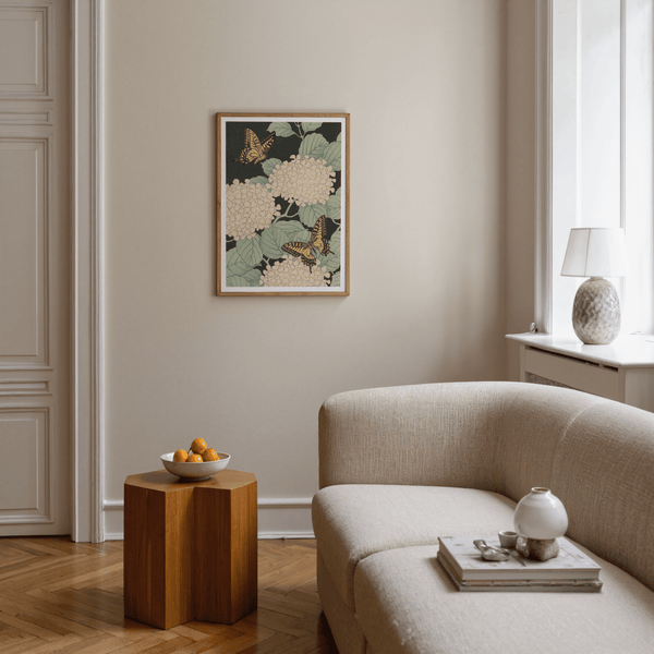 Butterfly Art Print with beige hydrangeas, bedroom wall poster