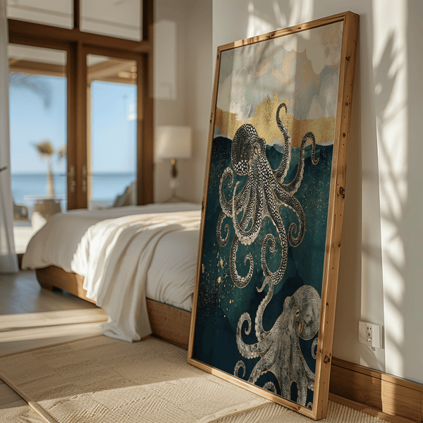 Modern Octopus Wall Art blue and gold accent for coastal themed dining room