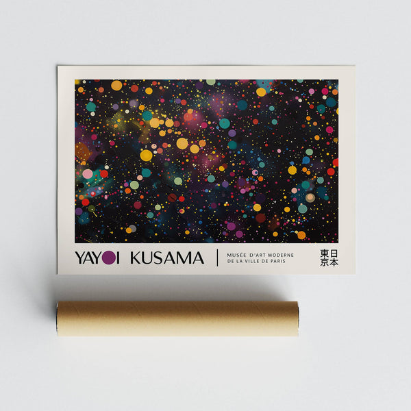 Vibrant cosmic pattern in Kusama-style modern colorful wall art
