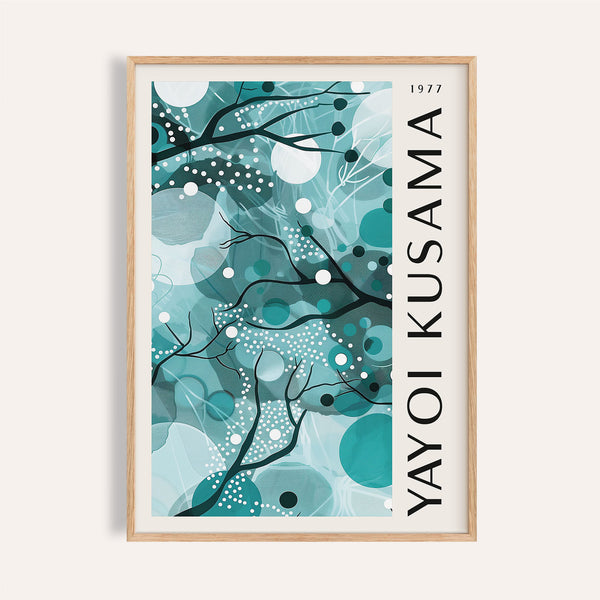 Serene wall art with teal colors inspired by Yayoi Kusama's minimalist style