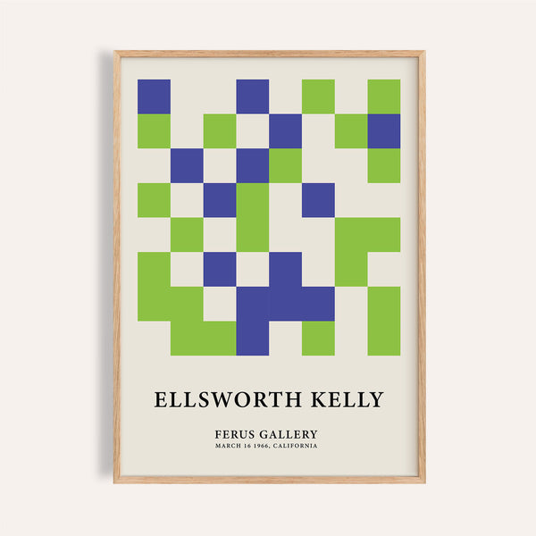 Minimal wall art featuring a geometric green and blue square design